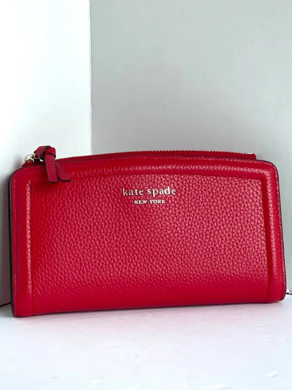 Kate Spade Knott Zip Slim Wallet Red Leather Card Holder Billfold